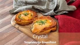  Presentation with baked puff pastry bacon - Slide set enhanced with quiche lorraine with smoked bacon background and a coral colored foreground