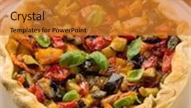  Presentation with focus - Presentation theme with quiche with mixed vegetables selective focus background and a gold colored foreground