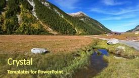  Presentation with forest stream - PPT theme consisting of quick stream of clear water flowing in the middle of the canyon hillsides picturesque alpine valley covered with thick coniferous forest background and a tawny brown colored foreground