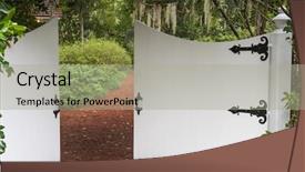  Presentation with green foliage - PPT layouts having quiet exit - secret garden entrance gate trail background and a light gray colored foreground