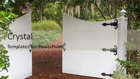  Presentation with green foliage - Cool new PPT layouts with quiet exit - secret garden entrance gate trail backdrop and a light gray colored foreground