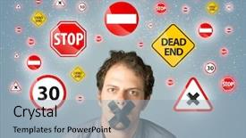  Presentation with traffic - Cool new slide deck with quiet exit - young man with taped mouth backdrop and a light blue colored foreground