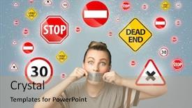  Presentation with traffic - Beautiful presentation featuring quiet exit - young woman with taped mouth backdrop and a coral colored foreground