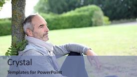  Presentation with 3d man sitting question mark - Cool new theme with quiet garden - senior man sitting in park backdrop and a seafoam green colored foreground