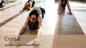  Presentation with stretching - PPT layouts with quiet peace - group of people stretching background and a coral colored foreground