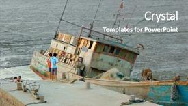  Presentation with flood - Slides with quiet sea side - boat waiting flood tide background and a gray colored foreground