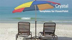  Presentation with umbrella - Slides featuring quiet sea side - colorful umbrella on empty beach background and a teal colored foreground
