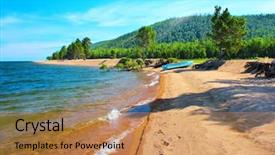  Presentation with sand - Amazing PPT theme having quiet sea side - wild sand beach on baikal backdrop and a coral colored foreground
