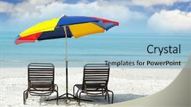  Presentation with footprints and sand beach - Amazing slide deck having quiet sea side - wooden chairs and colorful umbrella backdrop and a  colored foreground