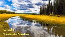  Presentation with rocky mountains - PPT theme having quiet shallow lake surrounded by forest and yellow autumn grass smooth water reflects the cloudy sky rocky mountains of canada the concept of ecological active and photo tourism background and a tawny brown colored foreground