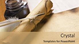  Presentation with old paper ink - PPT layouts consisting of paper scroll with quill pen background and a coral colored foreground