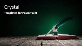  Presentation with history book - Cool new PPT theme with quill-pen-and-inkwell-resting backdrop and a black colored foreground
