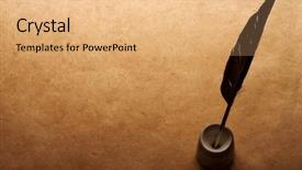  Presentation with feather pen - Presentation theme having quill pen on vintage paper background and a coral colored foreground