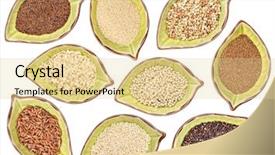 Presentation with rice grains - PPT theme featuring nine gluten free grains black quinoa buckwheat amaranth teff sorghum kaniwa millet and brown rice - top view of leaf shaped ceramic bowls isolated on white background and a blonde colored foreground