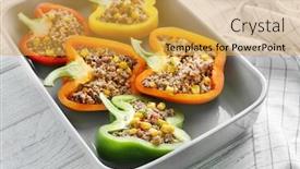  Presentation with quinoa - PPT theme featuring quinoa stuffed peppers in baking dish on wooden background background and a gold colored foreground