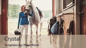  Presentation with aged - Theme having quitable - middle-aged woman with her horse background and a  colored foreground