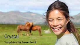 Presentation with horse in field - Beautiful PPT theme featuring quitable - woman on iceland smiling backdrop and a gold colored foreground