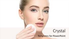  Presentation with youth skin care concept beige - Presentation having quitar - girl removes makeup with cotton background and a lemonade colored foreground