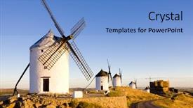  Presentation with windmills - Colorful PPT theme enhanced with quixote - windmills with castle consuegra castile-la backdrop and a teal colored foreground