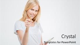  Presentation with cute - Audience pleasing PPT theme consisting of quiz school - cute young blonde girl pointing backdrop and a white colored foreground