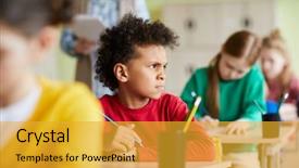  Presentation with task - Presentation theme featuring quiz school - frowning pensive african schoolboy background and a gold colored foreground