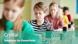  Presentation with task - Presentation featuring quiz school - serious concentrated boy in stripped background and a teal colored foreground