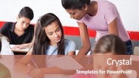  Presentation with examination - Cool new theme with quiz school - young female teacher showing paper backdrop and a coral colored foreground