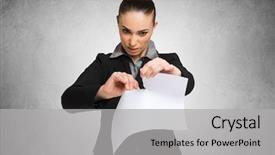  Presentation with angry - Presentation design consisting of quoted company - angry businesswoman destroying a document background and a light gray colored foreground