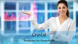  Presentation with stock exchange - Presentation design featuring quoted company - businesswoman and stock exchange charts background and a  colored foreground