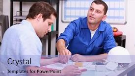  Presentation with company - Amazing PPT theme having quoted company - portrait two men looking backdrop and a light blue colored foreground