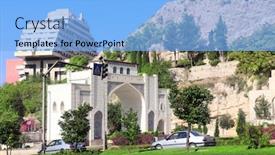  Presentation with quran - Amazing PPT theme having quran-gate-historical-gate-located backdrop and a light blue colored foreground