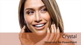  Presentation with hands and face - Slide deck enhanced with r - attractive young smiling woman portrait background and a red colored foreground