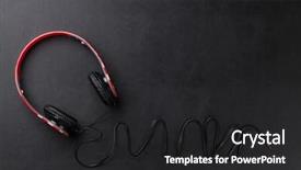  Presentation with music headphones - Audience pleasing presentation design consisting of r - headphones on black leather desk backdrop and a dark gray colored foreground