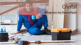  Presentation with planning meetings - PPT theme enhanced with r - young carpenter with notebook writing background and a coral colored foreground