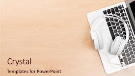  Presentation with lilac flowers bunch over wood - Slide deck with r b - headphones over laptop on wooden background and a lemonade colored foreground