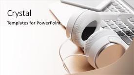  Presentation with music headphones - Cool new presentation theme with r b - headphones over laptop on wooden backdrop and a  colored foreground