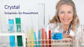  Presentation with research - Audience pleasing PPT theme consisting of biology workshop - blond woman in research lab backdrop and a sky blue colored foreground