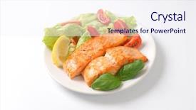  Presentation with white plate - PPT theme featuring r mer - plate of roasted salmon fillets background and a  colored foreground