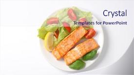  Presentation with fruit and vegetable packaging - PPT theme with r mer - plate of roasted salmon fillets background and a sky blue colored foreground