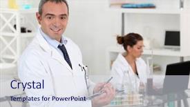  Presentation with laboratory - PPT layouts featuring lab mouse - two scientists working in laboratory background and a sky blue colored foreground