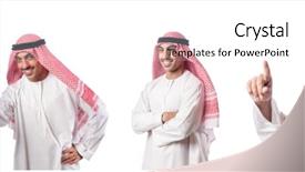  Presentation with arab - Cool new slide set with race god - arab businessman isolated on white backdrop and a  colored foreground