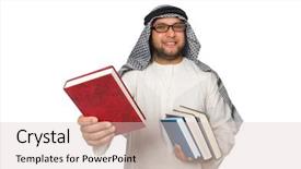  Presentation with life insurance concept white - Presentation with race god - concept with arab man isolated background and a  colored foreground