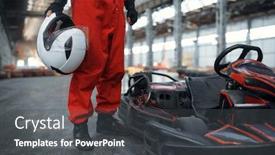  Presentation with car - PPT theme with racer-with-helmet-poses-near background and a dark gray colored foreground