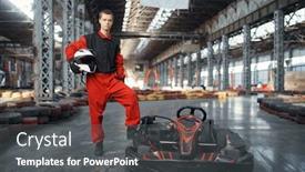  Presentation with car - Beautiful PPT layouts featuring racer-with-helmet-poses-near backdrop and a dark gray colored foreground