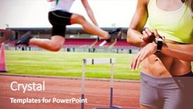  Presentation with sporty - Colorful theme enhanced with racetrack detail - sporty woman looking her watch backdrop and a coral colored foreground