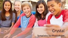  Presentation with diverse group of children - PPT layouts featuring racial - group of children sitting background and a coral colored foreground