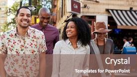  Presentation with racial - Slide set featuring racial - group of friends crossing urban background and a violet colored foreground