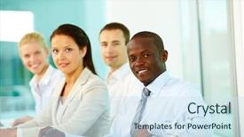  Presentation with racial - PPT layouts featuring racial ethnic - four businesspeople in office looking background and a sky blue colored foreground