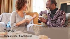  Presentation with middle ages portrait - Slides having racial ethnic - middle aged couple sitting background and a coral colored foreground