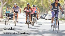  Presentation with racing - Colorful theme enhanced with racing bikes - group of cyclists on suburban backdrop and a light gray colored foreground